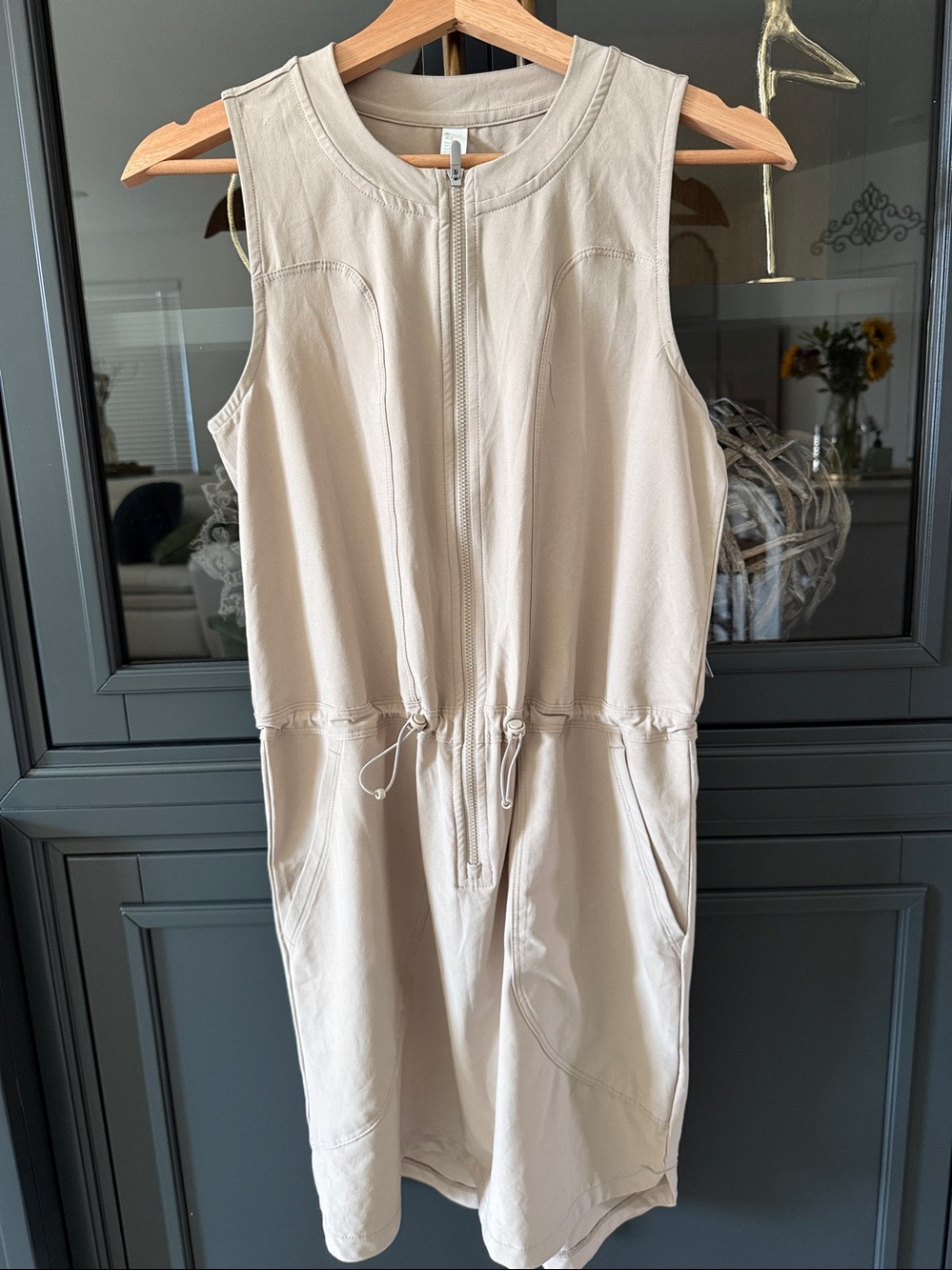 Zella Beige Sleeveless Zip-Front Drawstring Dress